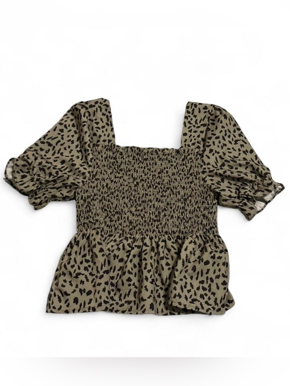 ANAP Japan Olive Leopard Smocked Square-Neck Puff Sleeve Top